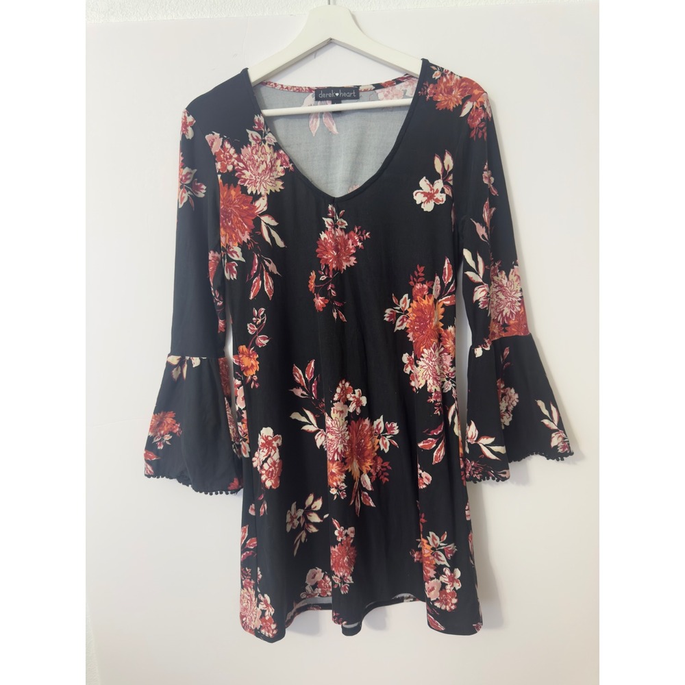 Derek Heart Floral Tunic Womens L Black Orange Bell Sleeve Pom Trim Top Hippie